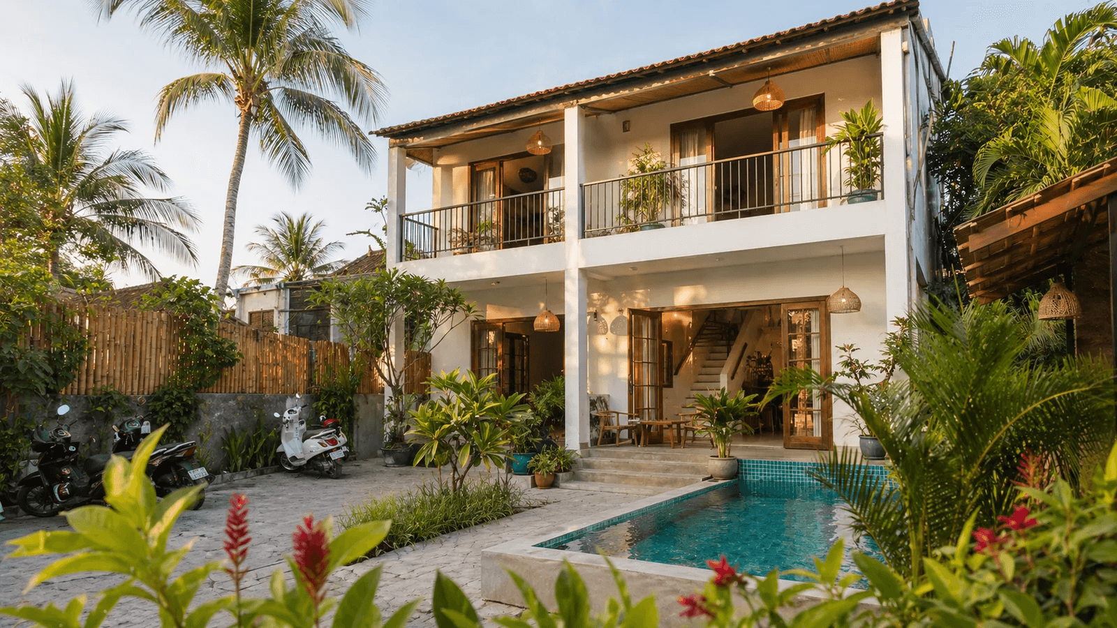 Phu Quoc Homestay exterior with pool and tropical garden